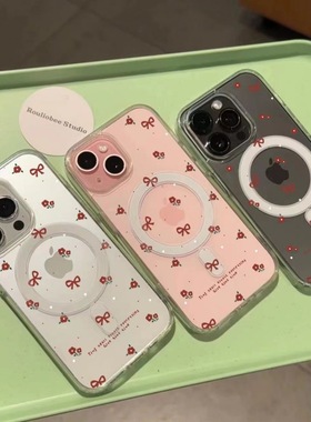 碎花红色蝴蝶结适用iphone17promax手机壳15plus亚克力16磁吸硬壳13创意12大孔11高级XR温柔14透明手机套