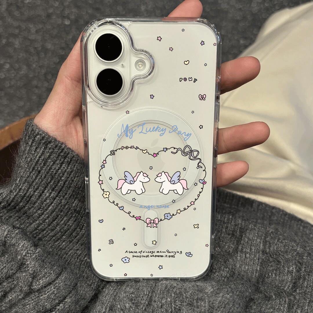 卡通爱心独角兽适用iphone17Promax手机壳16创意14plus磁吸硬壳15Pro苹果磁吸磨砂黑边13透明手机壳