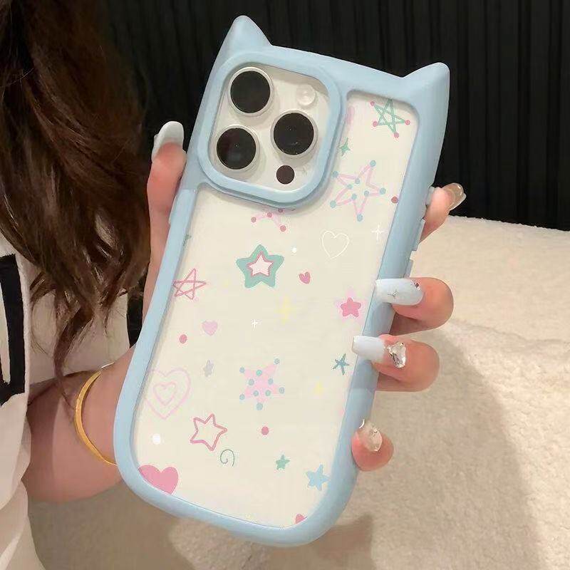 线条爱心五角星适用iphone17promax手机壳立体16猫耳15大孔12高级14plus小众银色13新款可爱11/XR透明保护套