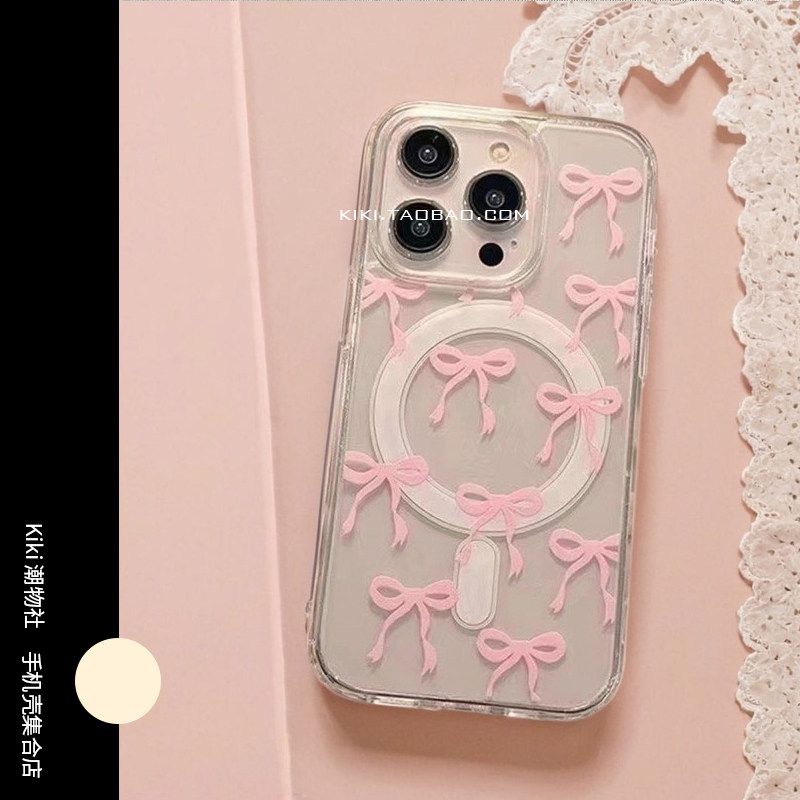 少女满屏粉色蝴蝶结适用iphone17promax手机壳16亚克力14plus磁吸壳13小众12大孔16包相机键15透明