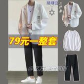 高级感华夫格炸街白色西装 男外套潮 男生全套春秋轻熟痞帅西服套装