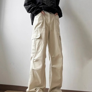 男2025春季 美式 褲 潮牌痞帥寬松直筒闊腿休閑傘兵褲 高街黑色工裝 子