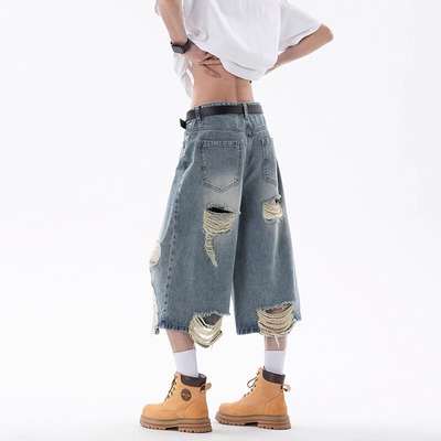 美式高街vbie牛仔短裤男款宽松