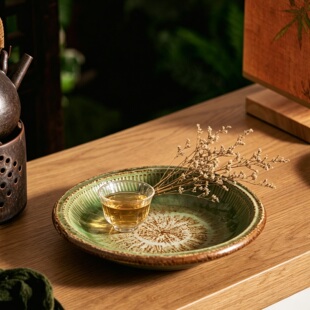 侘寂风古绿织纹 9.5 寸圆深盘餐厅摆盘专用厚实陶瓷盘