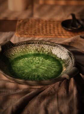复古绿釉开片 9.5 寸双耳菜盘家用深盘蒸鱼盘粗陶双耳餐盘