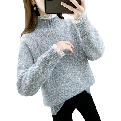 雪尼尔蕾丝半高领毛衣