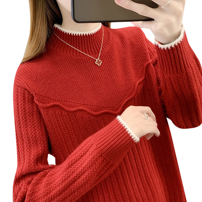 毛衣女款2025新款冬季加绒加厚半高领打底衫女秋冬内搭红色上衣女