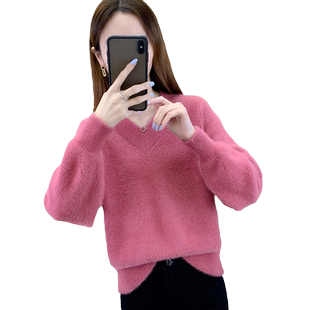 毛衣女款2025新款冬季水貂绒针织衫内搭打底衫秋冬小个子粉色上衣