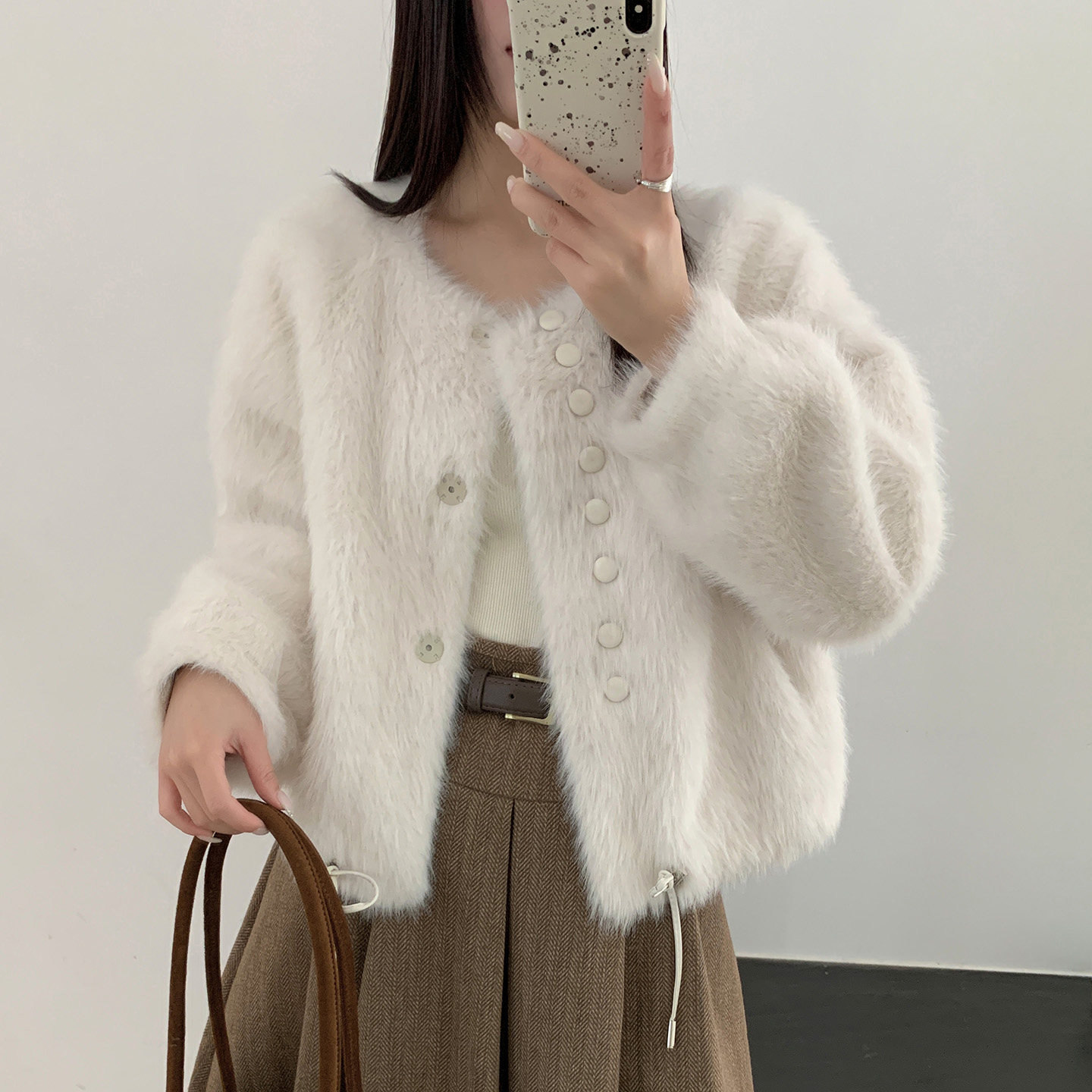 皮毛一体仿水貂绒短款外套春款2026新款女装小香风高级感毛毛开衫图片