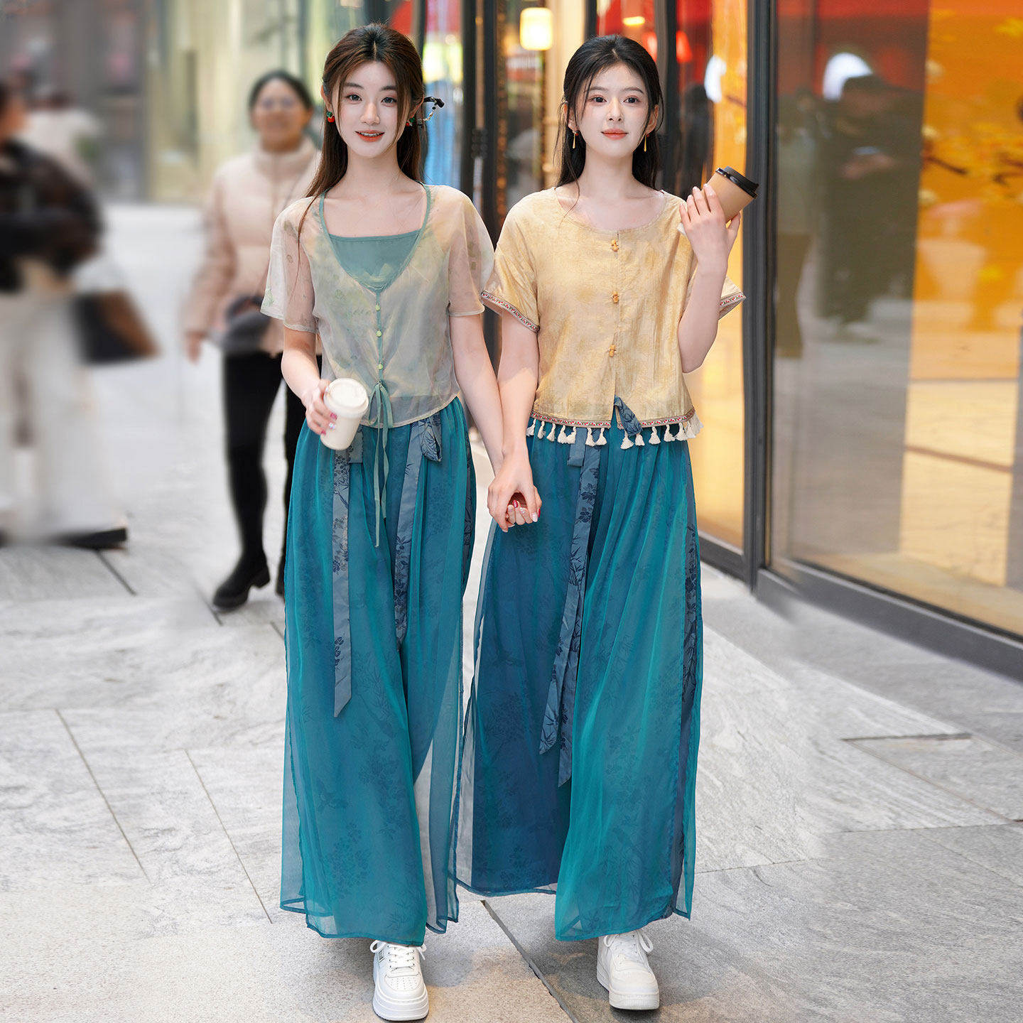 民族风两件套夏薄款网纱透视上衣配阔腿裤复古汉服套装茶艺师服装