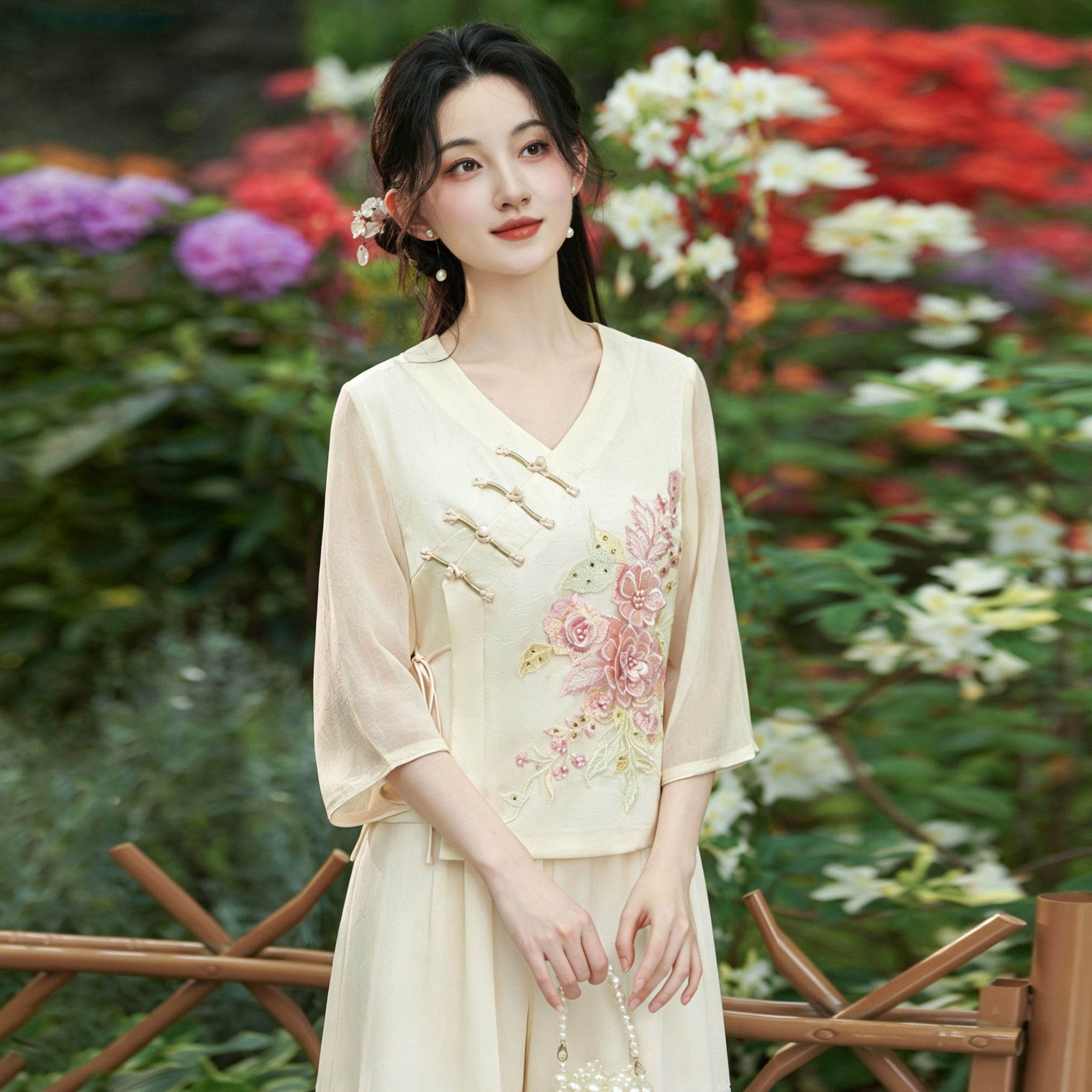 复古新中式刺绣茶艺女两件套