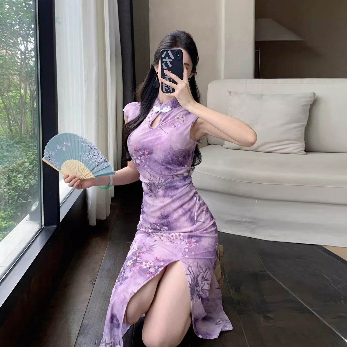 新中式改良旗袍连衣裙夏性感制服工作服紫色开叉显瘦长裙日常穿搭