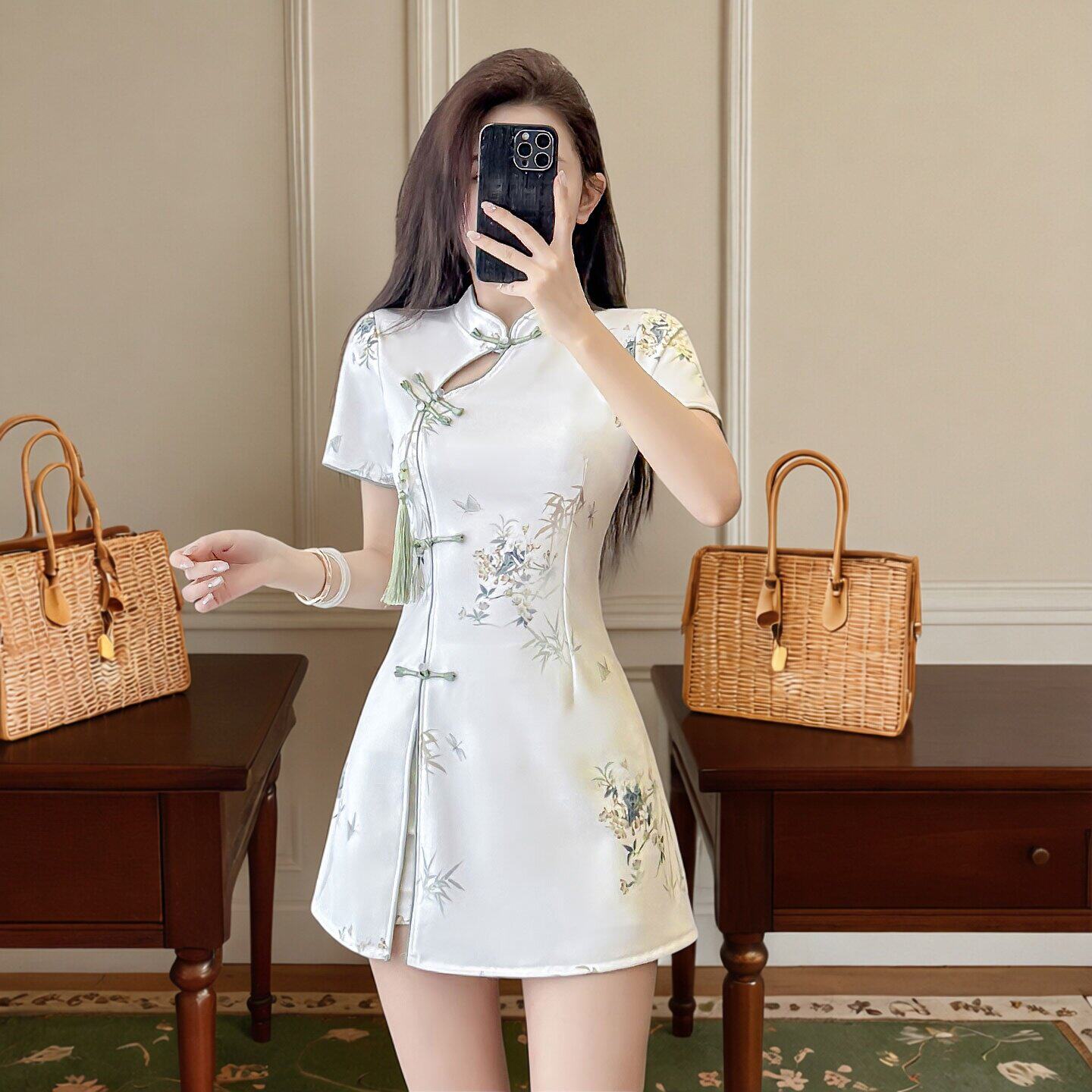 新中式改良旗袍短袖印花连衣裙年轻款气质少女小个子套装技师工衣