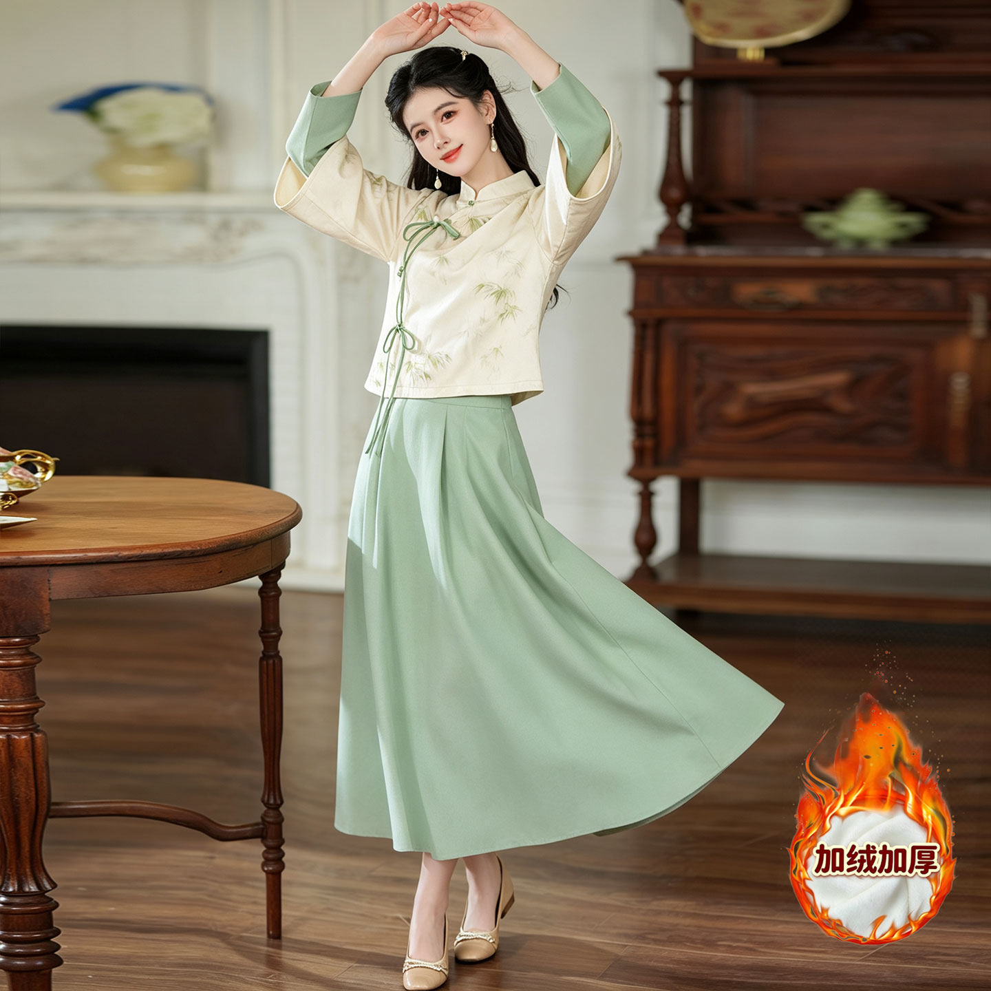 茶服新中式拜年服女秋冬加绒改良旗袍茶艺师工作服过年战袍两件套