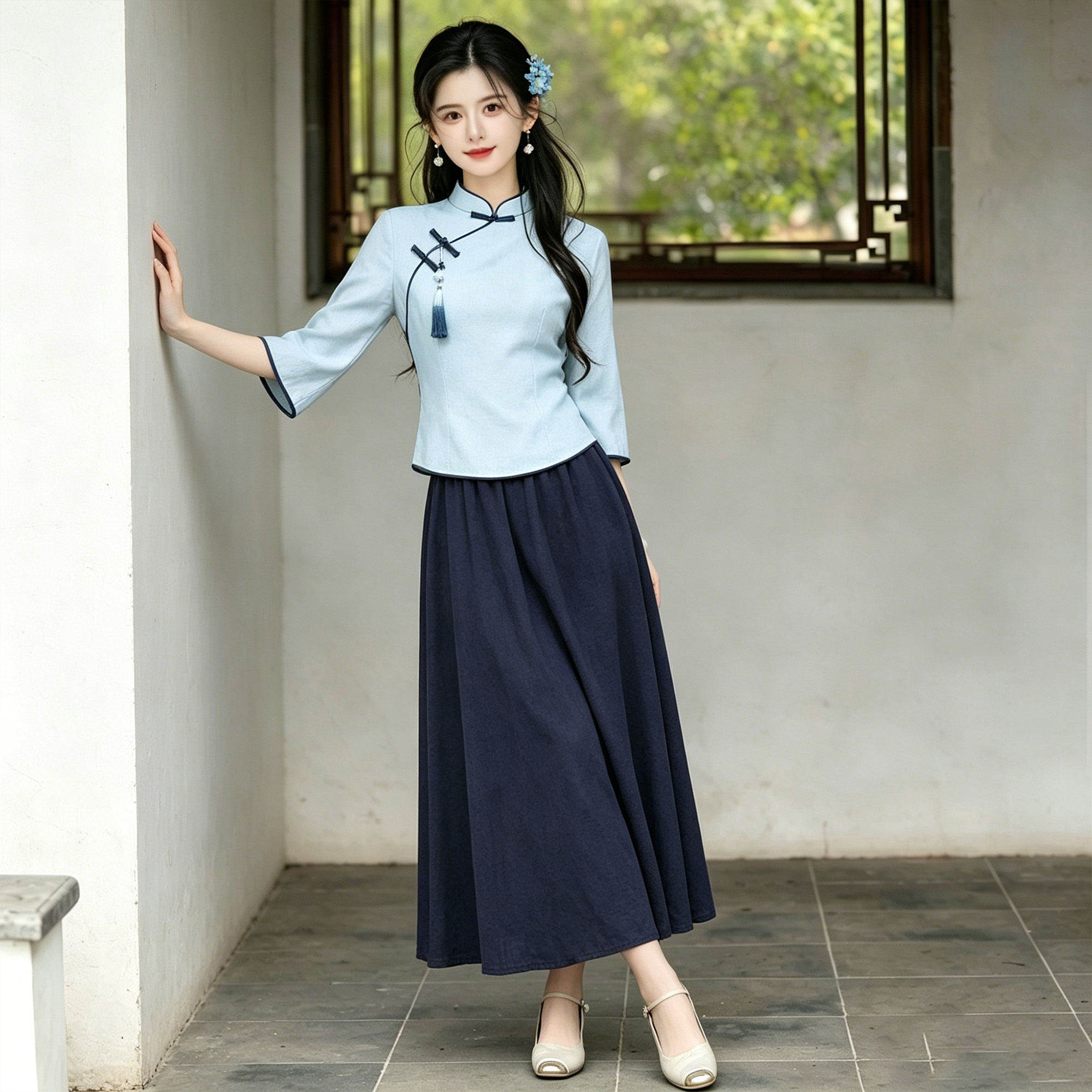 新中式茶服茶艺师工作服改良旗袍裙上衣半身裙盘扣民国风演出套装