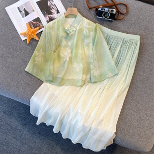 新中式 文艺复古学生 两件套夏旗袍雪纺上衣绿色印花半身裙汉服套装