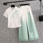上衣茶服茶艺师工作服装 新中式 女夏唐装 裤 旗袍中国风改良汉服套装