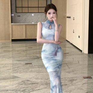 新中式改良旗袍夜店夏民国风水墨纯欲风辣妹性感制服显瘦包臀长裙