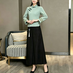 秋冬新中式改良旗袍上衣茶服盘扣汉服茶艺师工作服装养生馆两件套