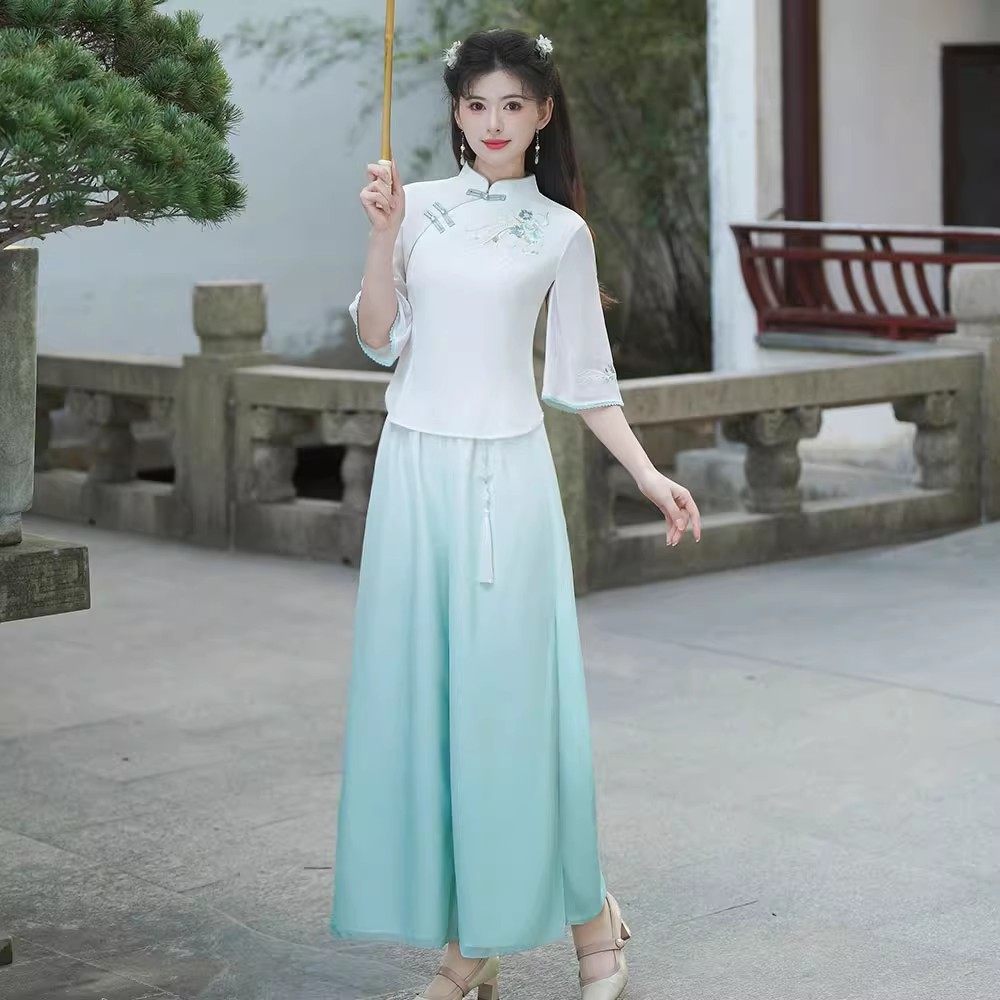 2025新品新中式国风春夏棉麻半袖绣花立领修身复古茶服雪纺裙工作