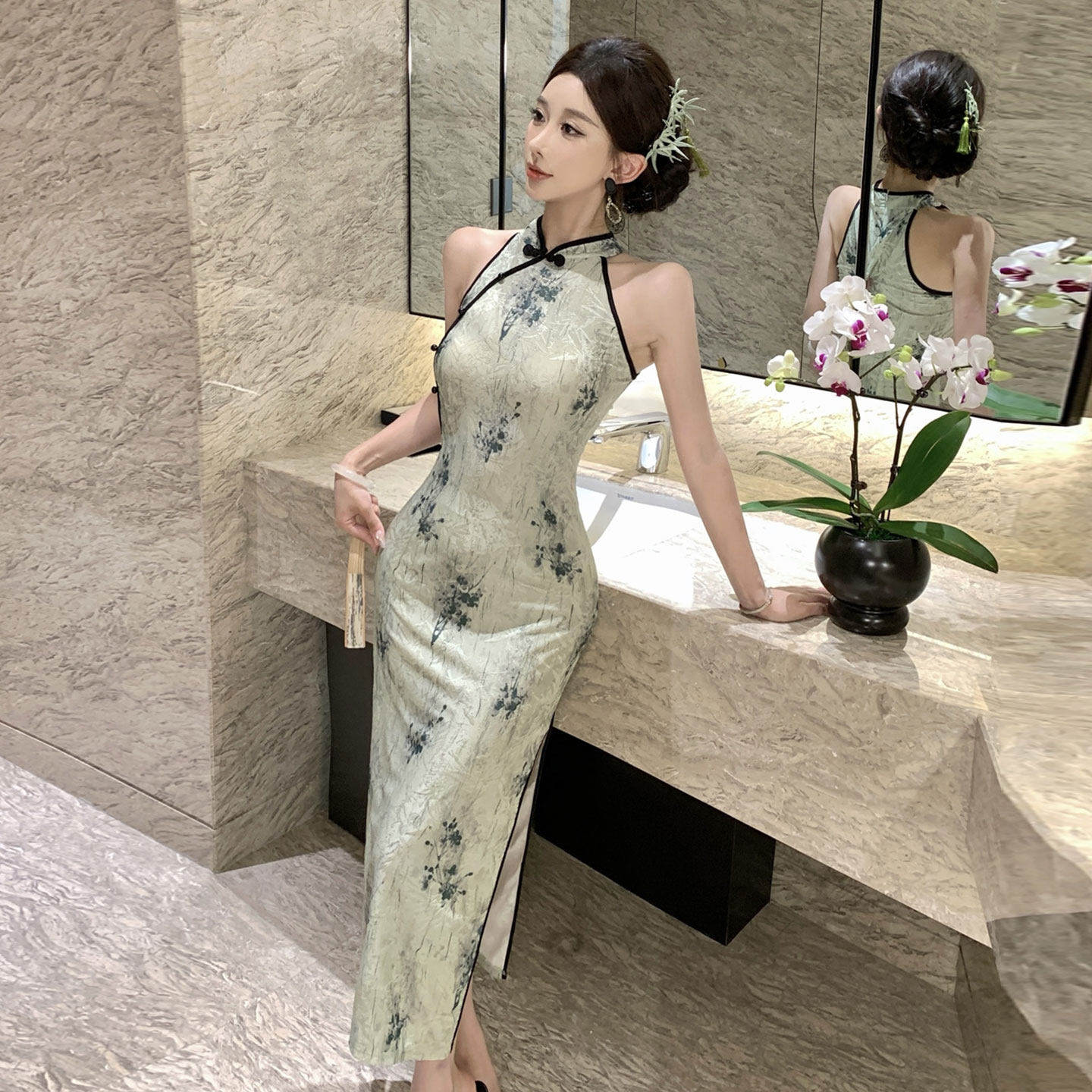 国风夜场KTV技师服女夏性感制服挂脖旗袍长裙修身包臀开叉连衣裙