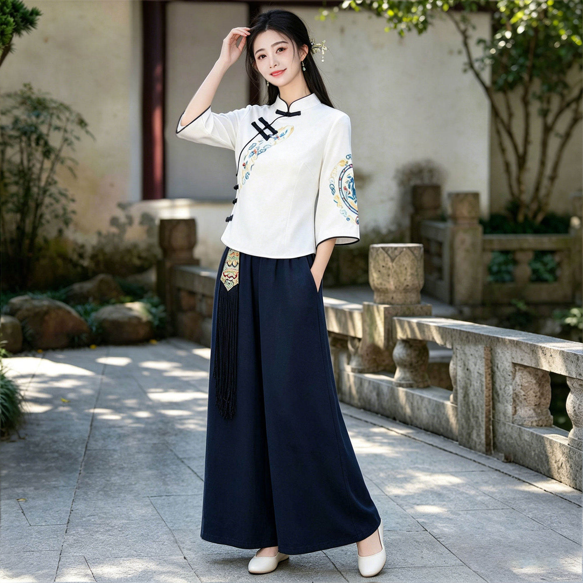 旗袍禅意新中式茶服套装女夏素雅盘扣上衣茶艺师前台日常可穿汉服