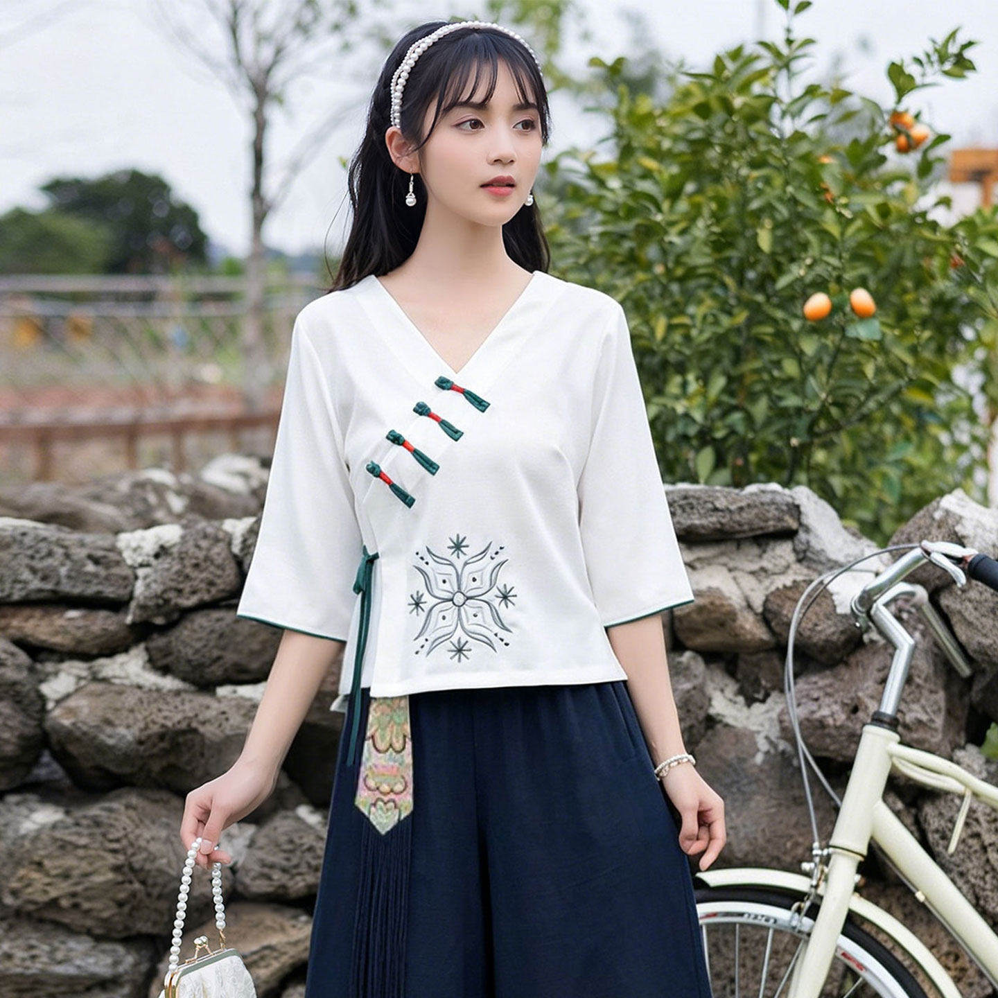 夏季新中式旗袍上衣茶艺师服装刺绣V领中国风餐饮茶楼工作服汉服