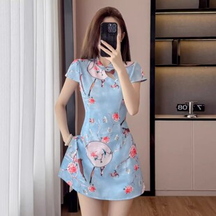 足浴技师旗袍遮肚子连衣裙短裤套装年轻款气质足疗女技师衣服套装