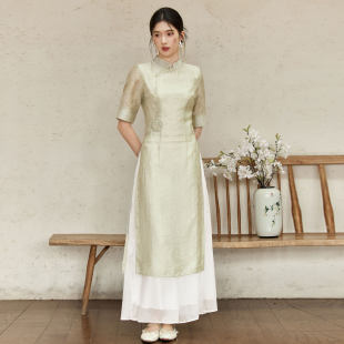中国风优雅知性气质长裙新中式 仙气禅意茶服采耳师茶艺服 旗袍套装