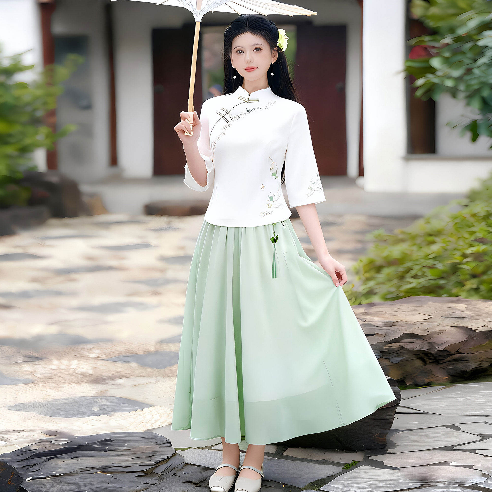 新中式套装女夏改良学生汉服刺绣盘扣上衣长裙国风两件套日常通勤