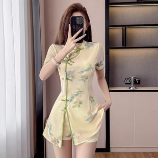 足疗技师工作服气质套装短裙成人改良旗袍气质网纱连衣裙两件套女