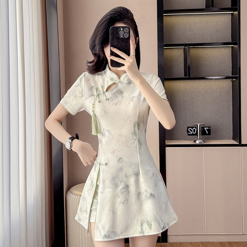 柔式养生足疗工作服新款女装中国风新中式改良旗袍套装短裤两件套