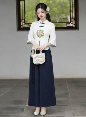 茶楼工作服女新中式茶艺师服装改良汉服刺绣上衣阔腿裤套装两件套