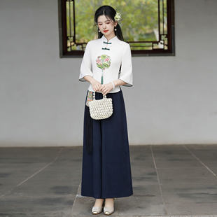 茶楼工作服女新中式茶艺师服装改良汉服刺绣上衣阔腿裤套装两件套