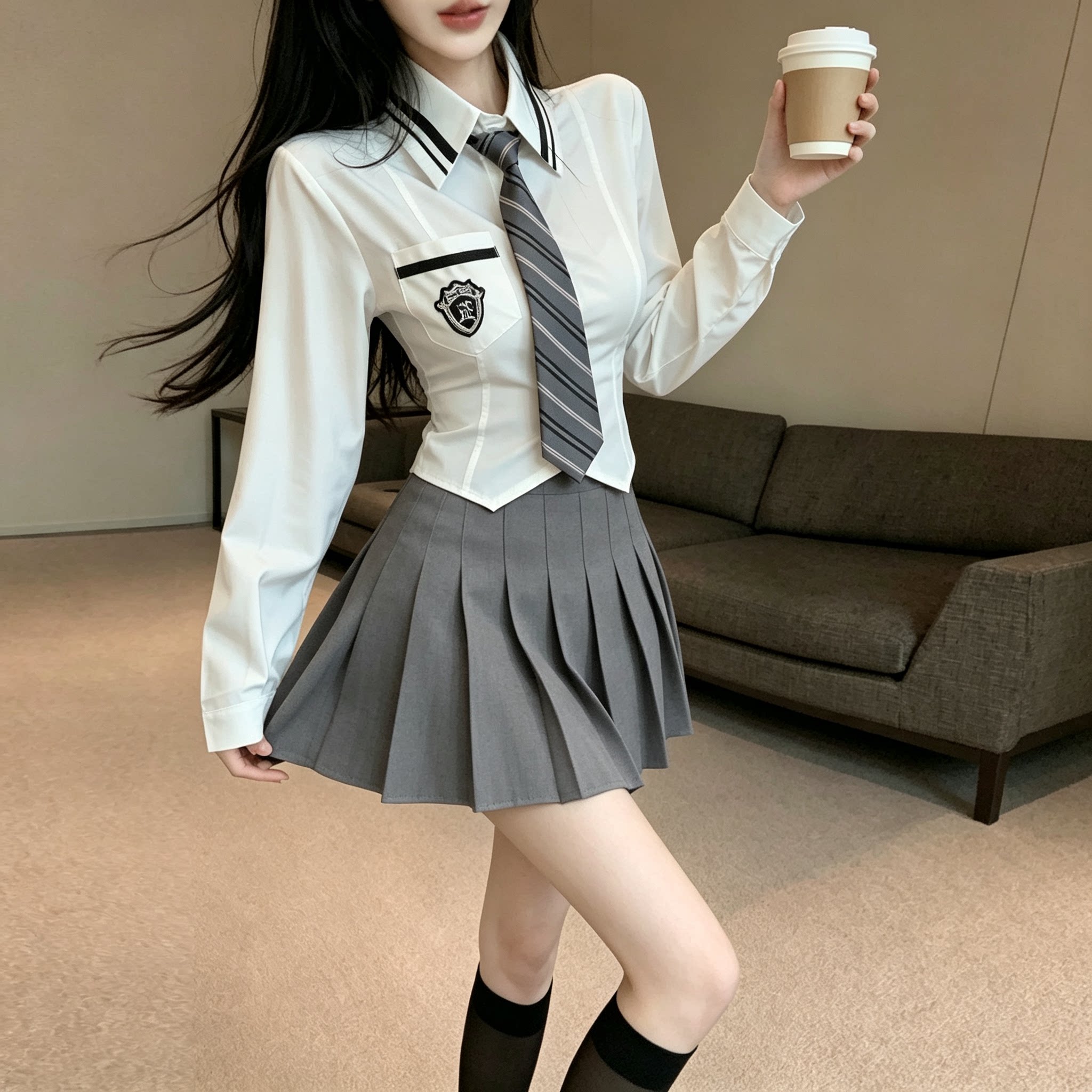 学院风jk制服套装女秋季长袖白衬衫百褶裙通勤职业工作服两件套