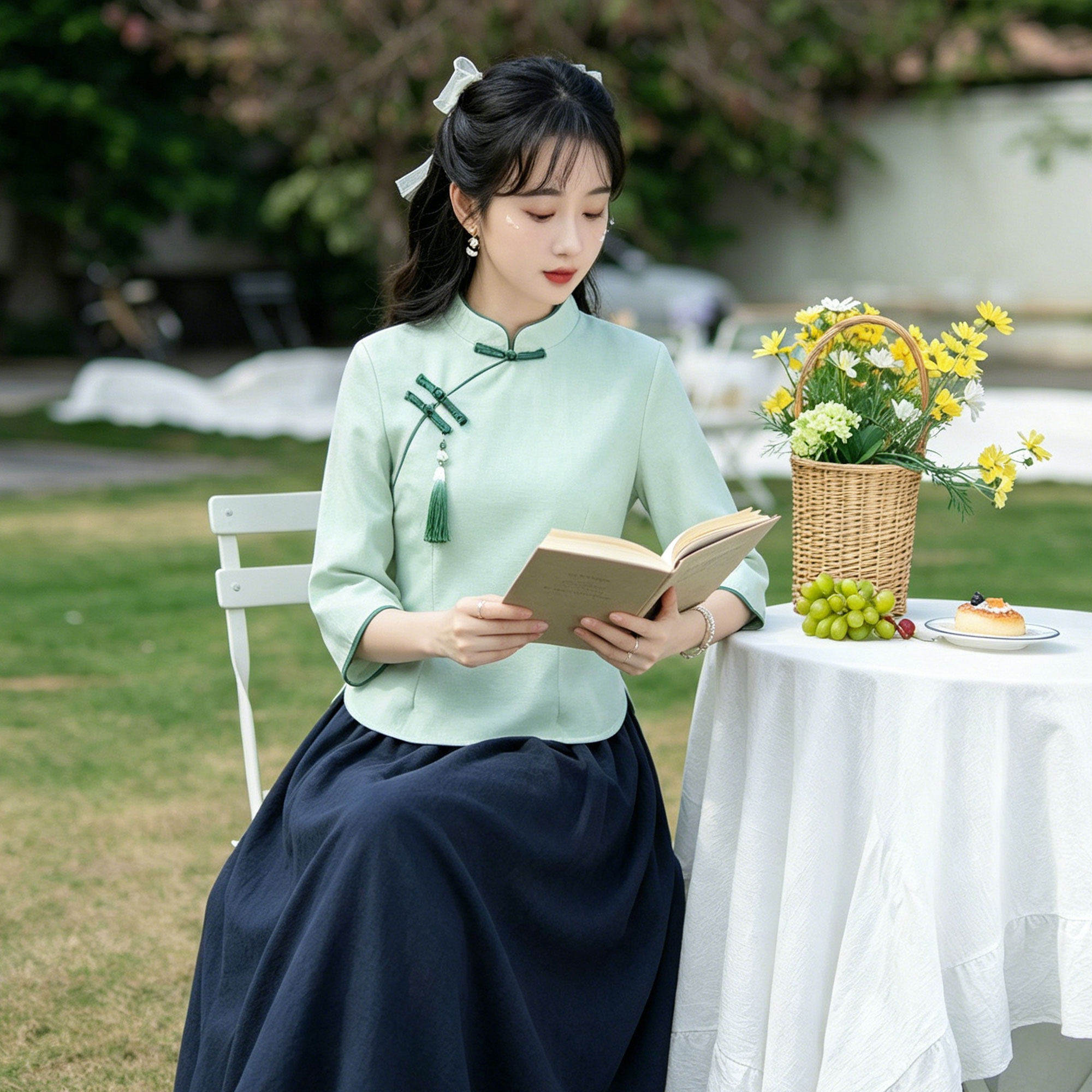 新中式汉服茶艺师工作服中国风五四青年茶楼养生馆制服夏半身裙夏
