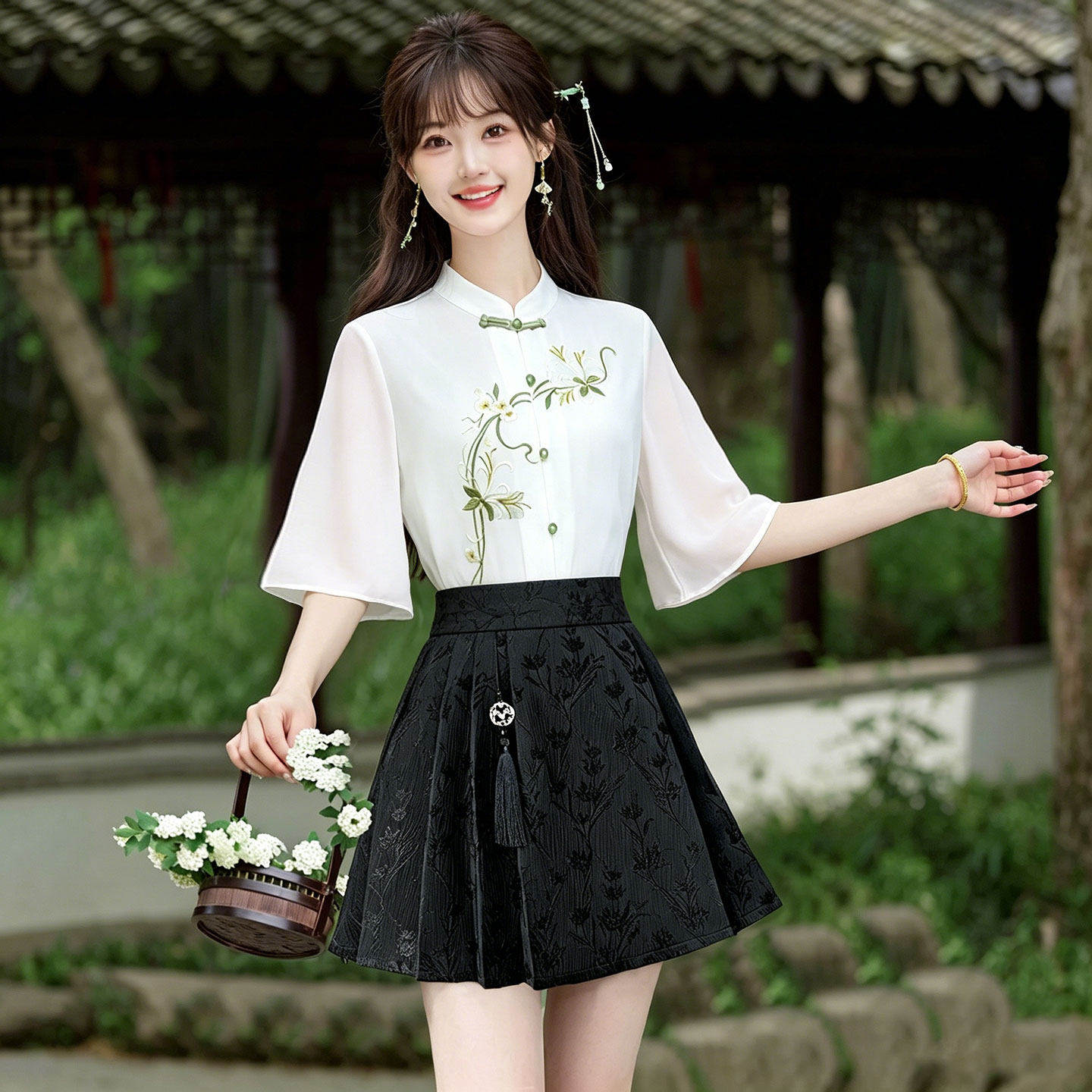 禅意茶服女新中式美容院SPA养生馆制服中国风刺绣上衣百褶裙套装