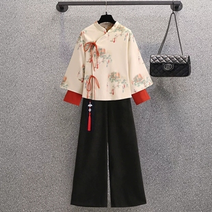 秋冬季新中式汉服加绒旗袍套装茶艺师服装女茶服养生馆茶楼工作服