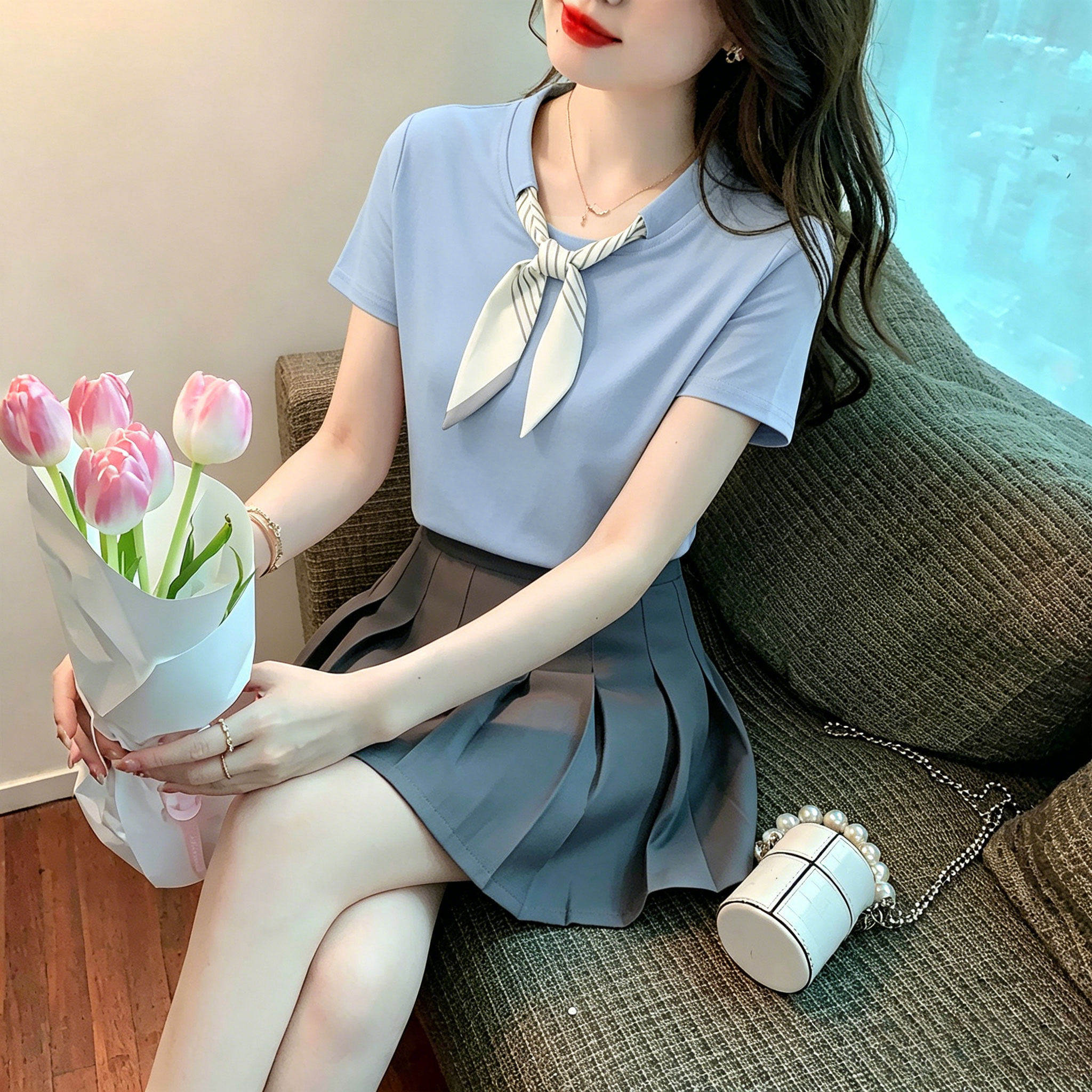 美容师制服蓝色短袖Polo衫白色半身裙简约风工装足浴技师工作服夏