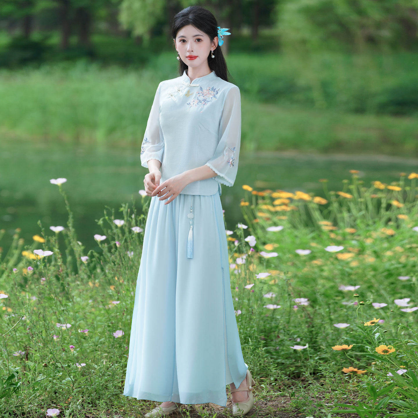 夏季新中式上衣盘扣茶艺服半身裙女禅服雪纺裙裤套装养生馆工作服