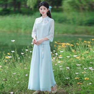 夏季新中式上衣盘扣茶艺服半身裙女禅服雪纺裙裤套装养生馆工作服