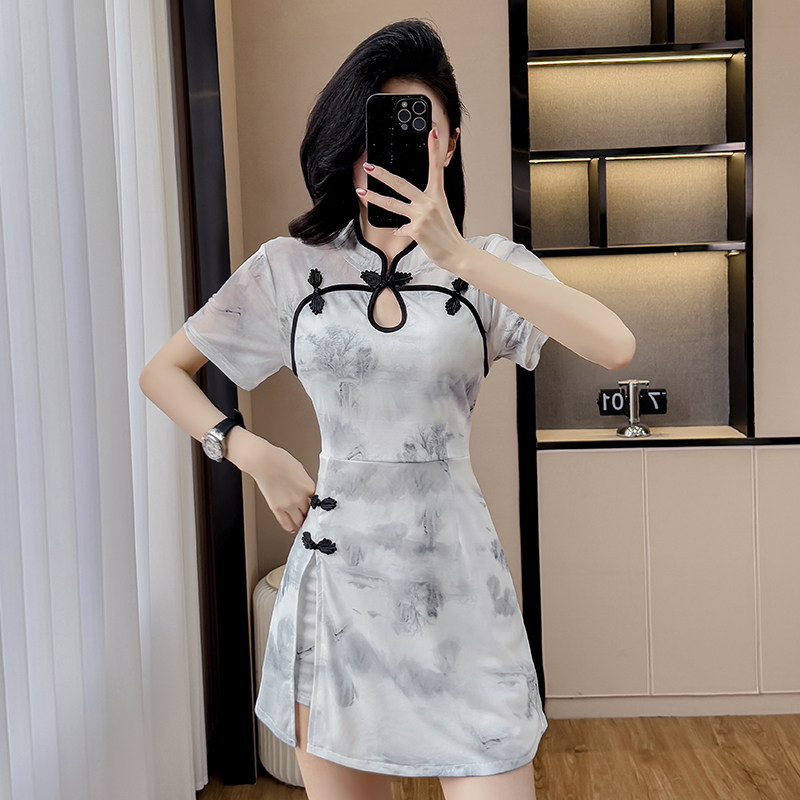 国潮水墨spa柔式性感工作服足浴技师旗袍遮肚子两件套连衣裙短裤
