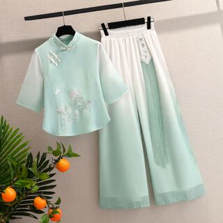 新中式汉服套装夏中国风改良旗袍上衣渐变阔腿裤两件套茶艺师服装