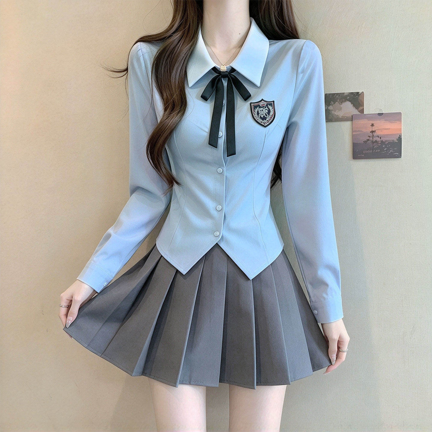 韩版学院风服务员制服蓝色上衣灰色短裙套装KTV足浴美容工装潮秋