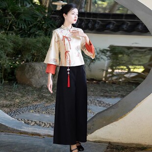 秋冬中国风唐装新中式养生馆茶艺上衣旗袍改良汉服套装足浴工作服