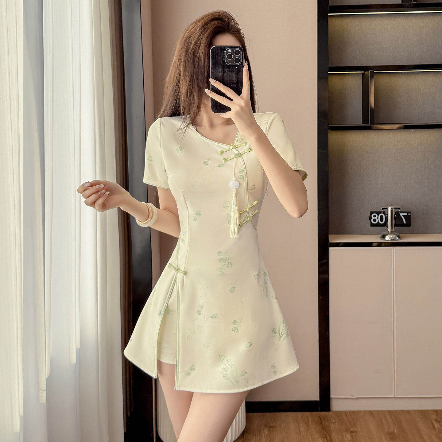夏天改良旗袍年轻款少女连衣裙汉服套装美容足浴技师工作服小个子