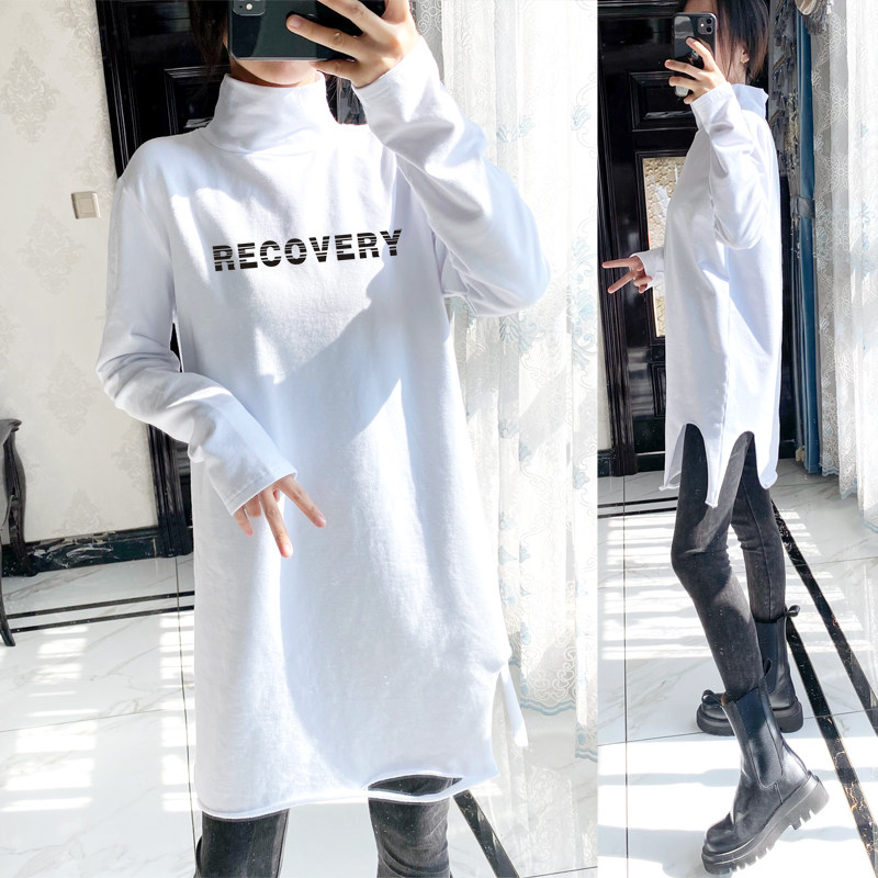 2024冬女装加绒高领破洞卷边加长款字母美女印花白T恤打底衫内搭