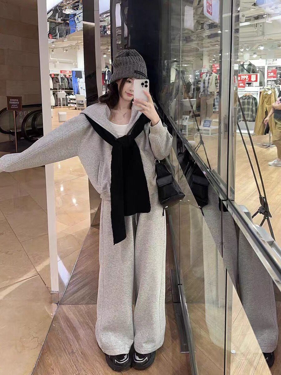盐系少女休闲运动服套装女秋冬韩系慵懒风连帽开衫卫衣时尚两件套