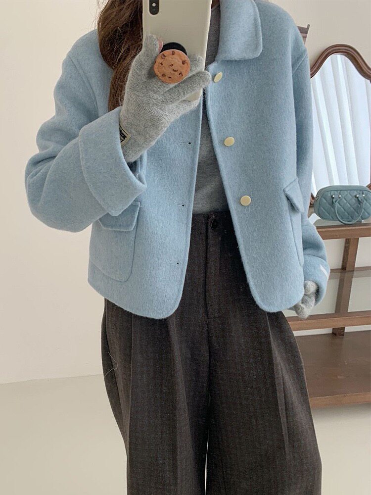 娃娃领羊毛呢外套女短款减龄小香风双面羊毛大衣韩版复古