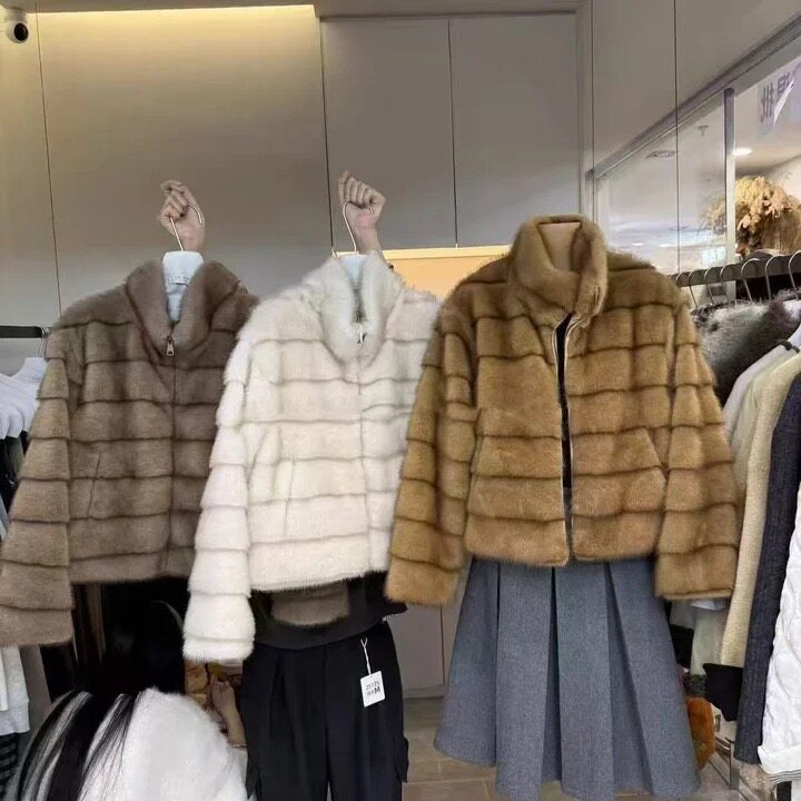 皮毛一体轻奢仿水貂皮毛立领外套女短款修身显瘦复古气质毛毛外套